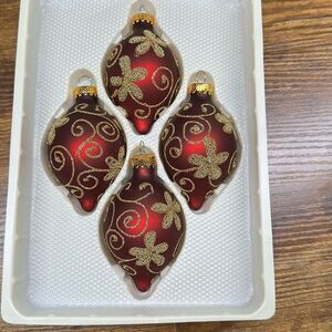 Sparkling Creations Red Gold Glitter Daisy Swirl Filigree Glass Ornaments set of